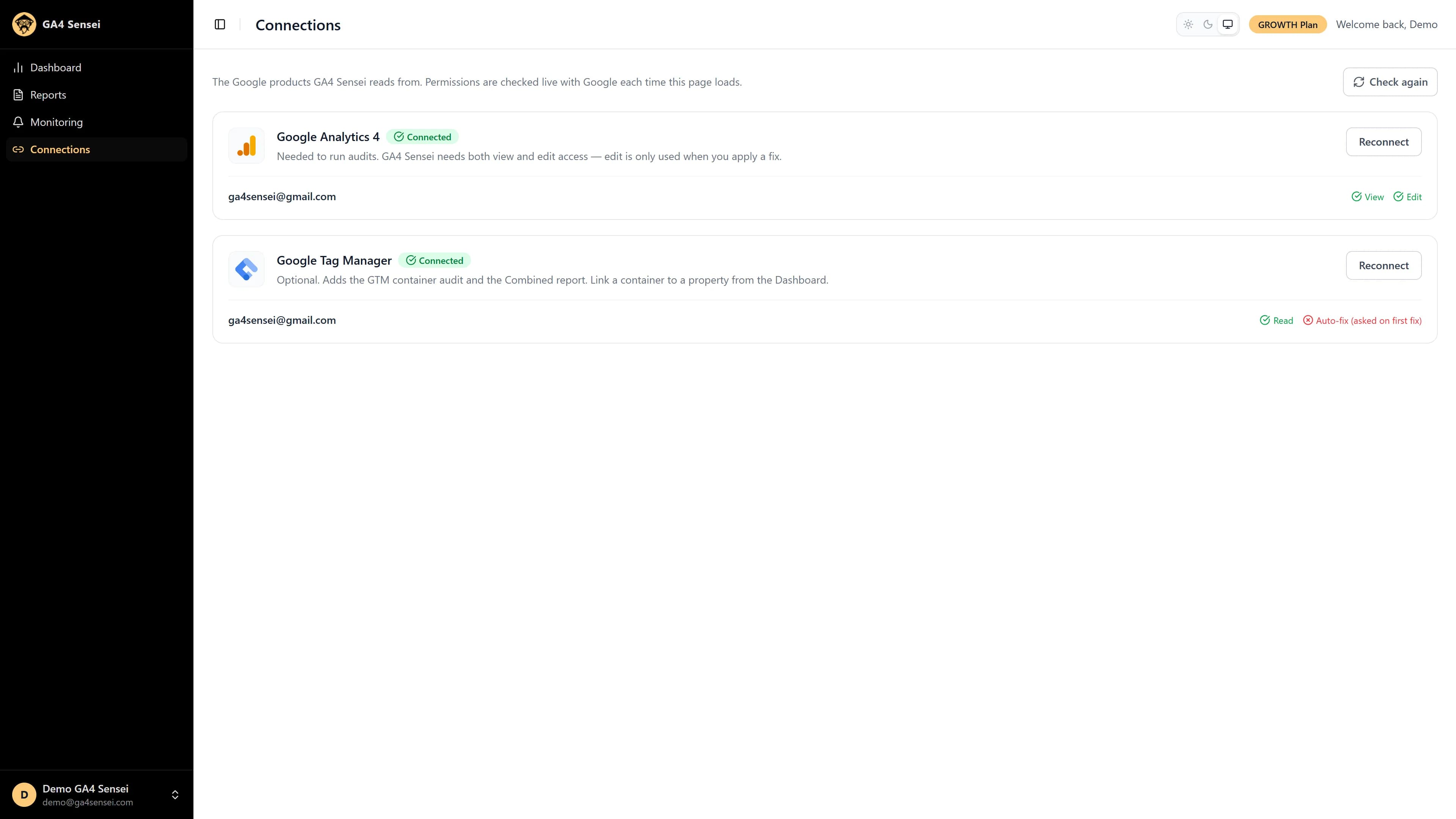 GA4 Sensei Connections page showing Google Analytics and Tag Manager connected with their permissions