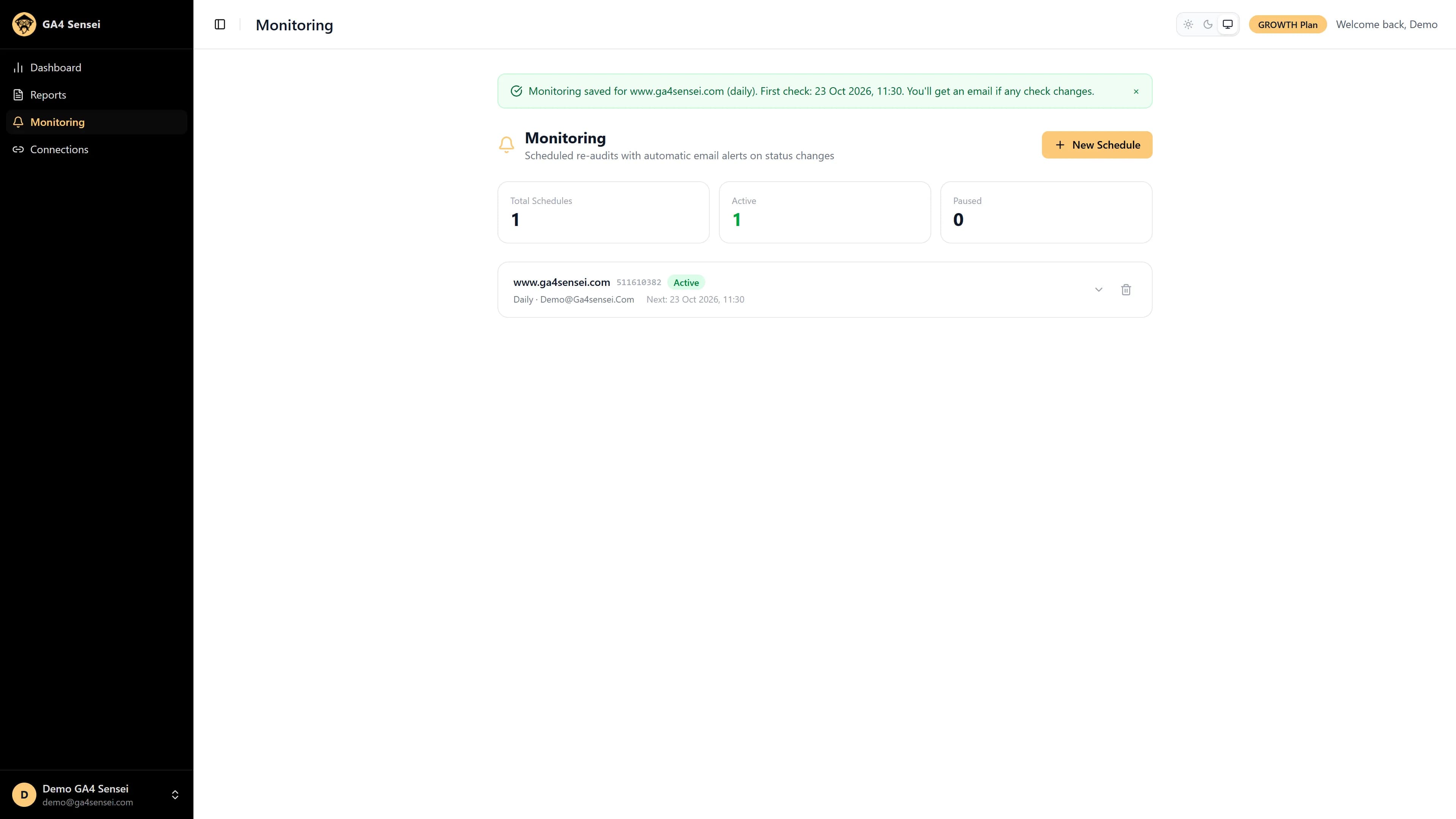 GA4 Sensei monitoring page with a daily schedule saved for a GA4 property